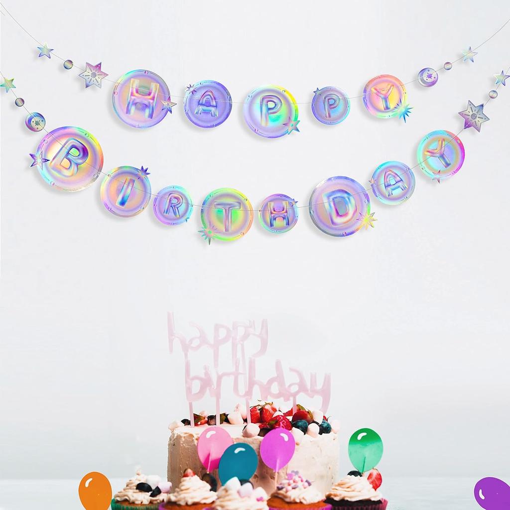 Cheerland Iridescent Galaxy Happy Birthday Banner Moon Star Birthday Party Decorations Space Garland Party Decor Planet Theme Happy Bday Letter Sign