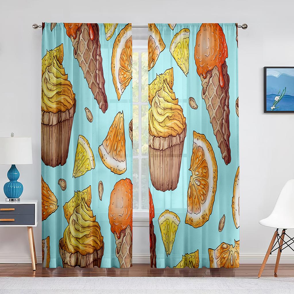 Ice Cream Summer Theme Chocolate and Fruity Flavor Tulle Window Curtains for Living Room Bedroom Decorative Sheer Voile Curtain