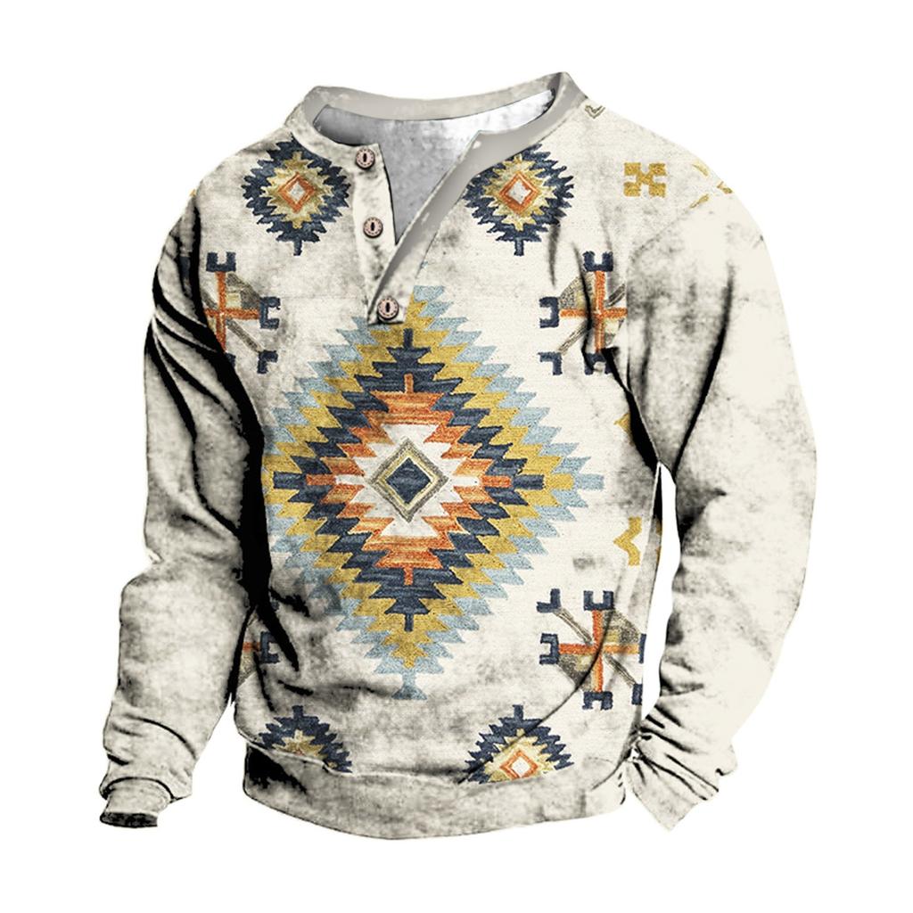 Pullover mit V-Ausschnitt für Herren, 3D-Digitaldruck, Stehkragen, 3 Knöpfe, Vintage-Kragen