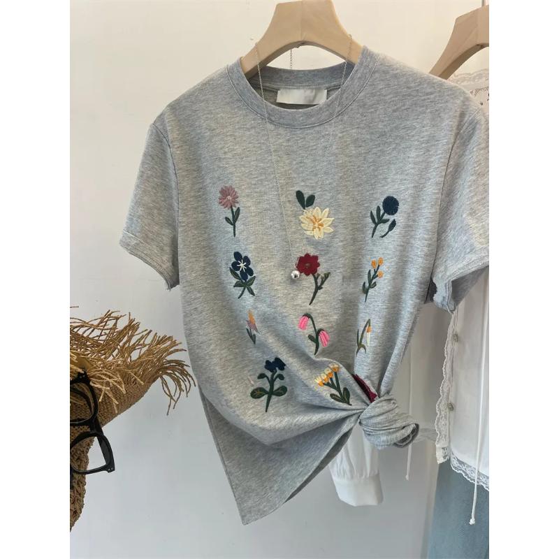 Women Summer Floral Embroidery Short Sleeve T Shirt