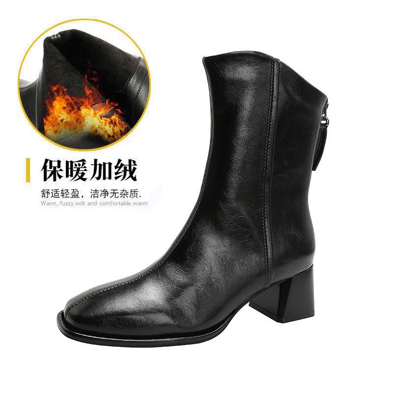 Thick Heel Short Boots Women's Spring and Autumn Single Boots 2025 New Oblique Medium Tube Women's Boots French Small Short Boots Square Head Thi