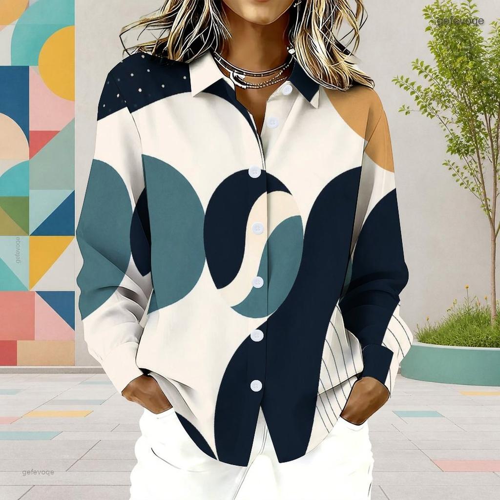 Women Plus Size Collared Neck Long Sleeve Geometric Printed Button Front Curved Hem Shirt