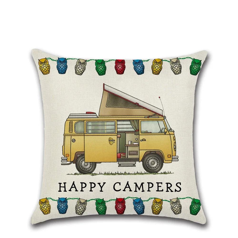Happy Campers Cartoon Caravanning Linen Cushion Covers Vintage Pillowcase Livingroom Sofa Modern Decorative Throw Pillows CoverLYC-, 30x30cm