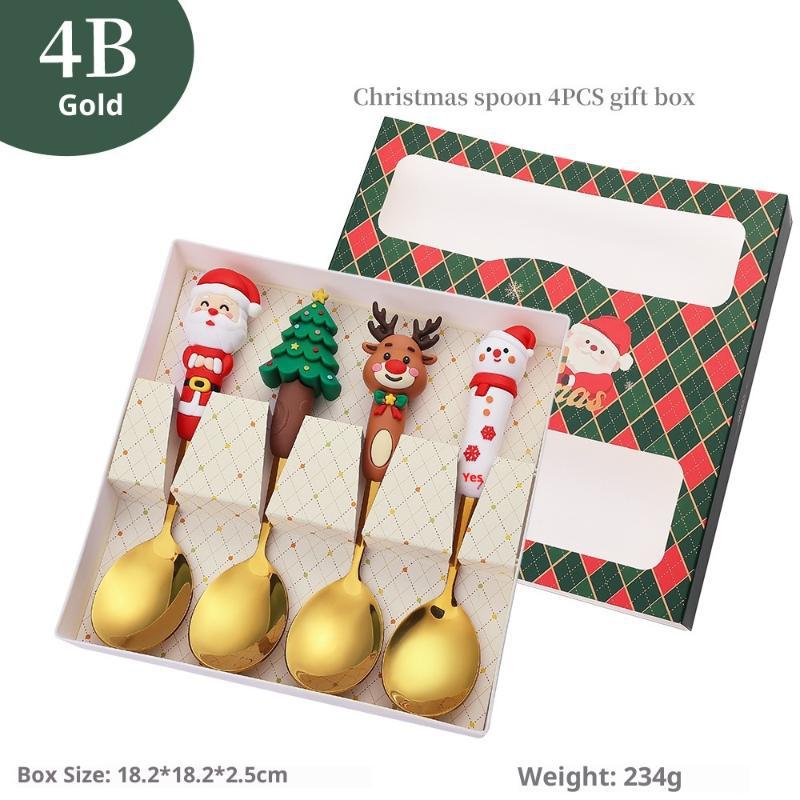 4Pcs Christmas Gift Glod Silver Spoon Fork Set Elk Christmas Tree Decoration Dessert Scoop Fruit Fork Coffee Spoon Cutlery Set