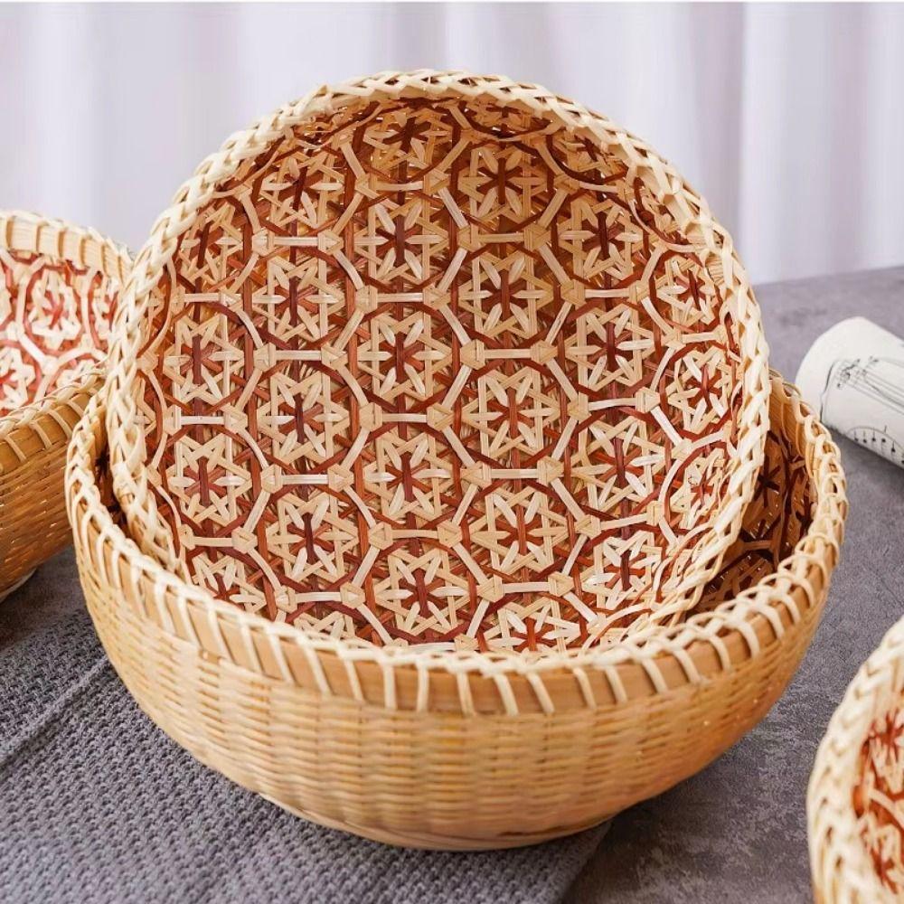 Round Bamboo Storage Basket Sturdy Fruit  Serving Tray High-quality Hand Woven Basket  Office