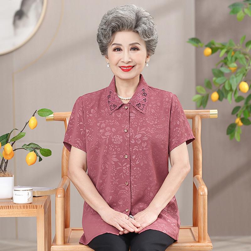 

2026 Summer Silk Top for Middle-aged & Elderly Women, Short-sleeve Mulberry Silk Shirt, Grandma s Blouse 4XL (For 135-150 jin) рожевий червоний колір