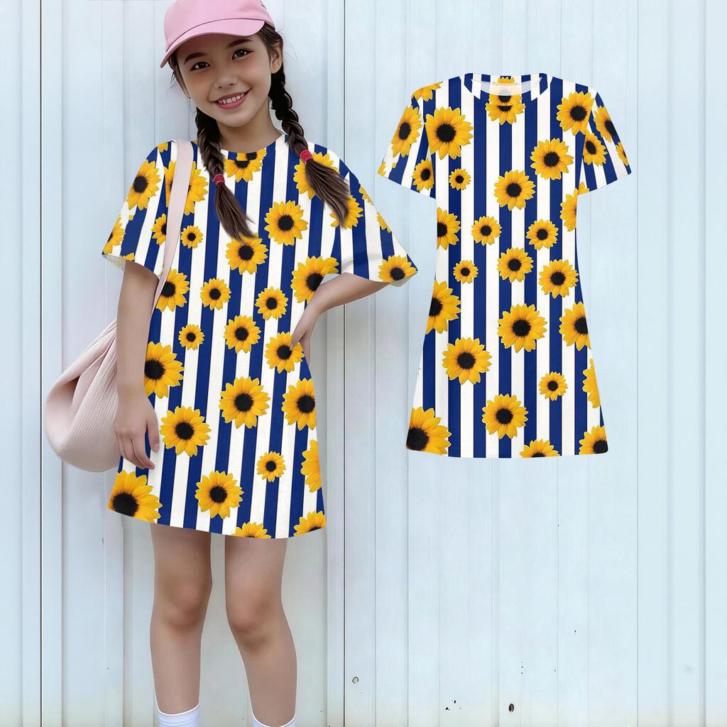 Girls Print Casual Dress Kids Loose Round Neck Short Sleeve Thin Sundress