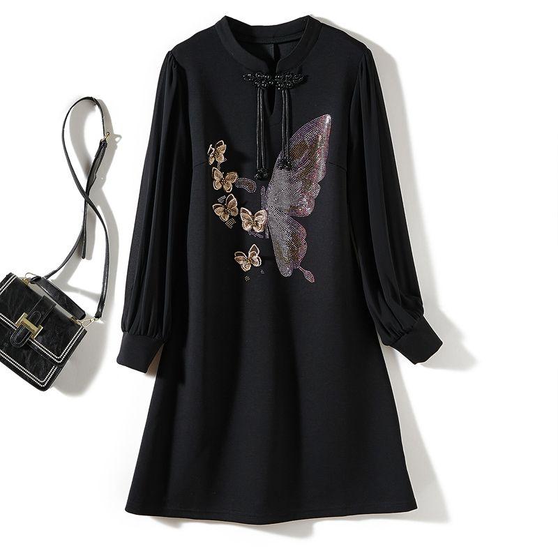 

Strong Sense of Design Black Dress! Women Stand Collar Ponte De Roma Water Soluble Diamond Three-Dimensional Butterfly Dress Poplin Silk Long sleeve Black XL