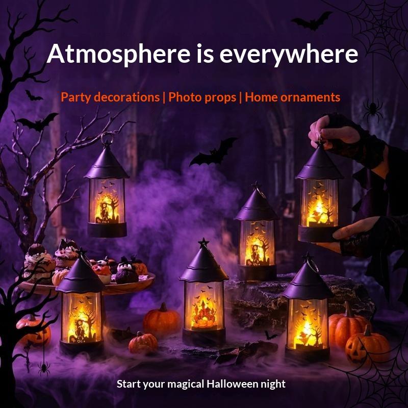 Halloween Led Candle Lantern Pumpkin Ghost Castle Pattern Portable Hanging Wind Lamp Holiday Party Tabletop Decor Props Gift