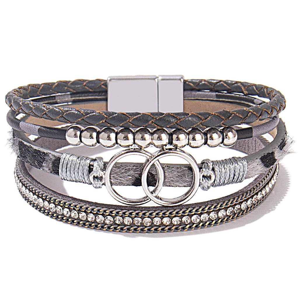 Damen Handgefertigtes Geflochtenes Lederarmband mit Doppelring Magnetverschluss und Strasssteinen