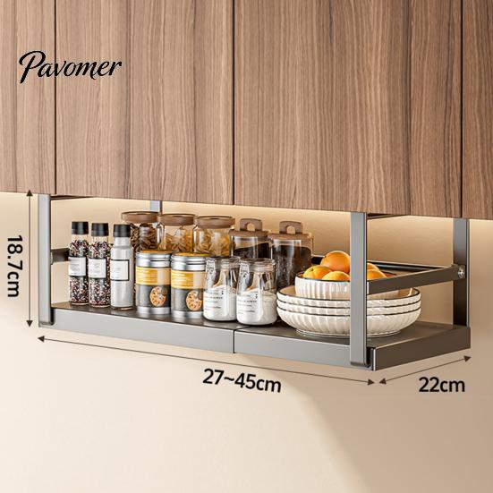 Expandable under Shelf Storage Rack Punch-free Hanging Slide-in Cabinet Organizer Stainless Carbon Steel Kitchen Pantry Countertop Spice Holder