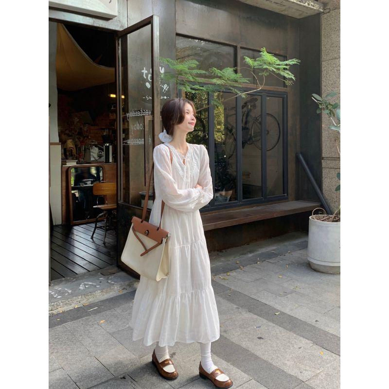 Kumikumi Elegant White Long Sleeves Dress Women's Autumn Gentle A- line Skirt Slimming Fairy Lady Skirt Long Skirt