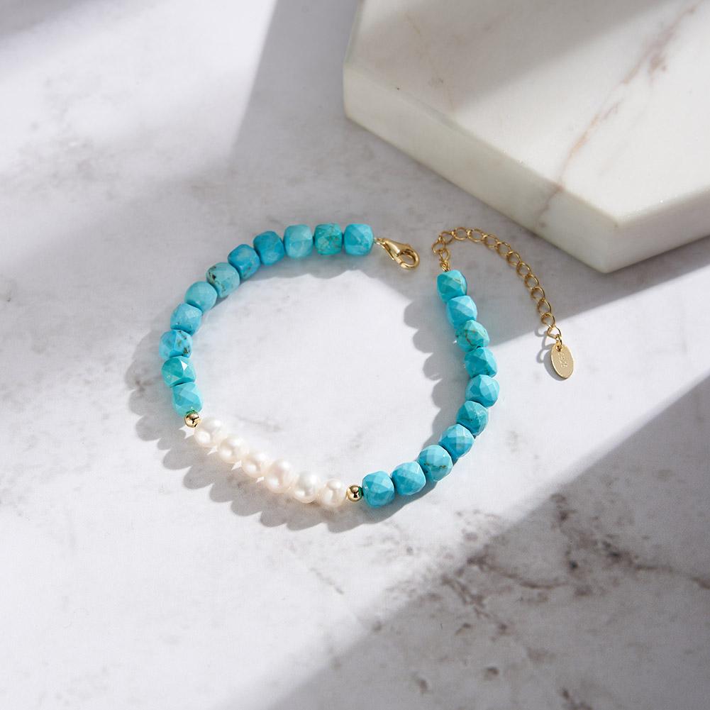 Simple S925 Sterling Silver Bracelet 4.8mm Turquoise Loop Chain Baroque Natural Freshwater Pearl Bracelet for Girls