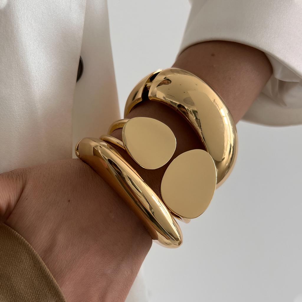 SHIXIN 6 Styles Geometric Gold Color Cuff Spring Bangles for Women Vintage Metal Chunky Wide Hand Bracelets Fashion Jewelry Y2K
