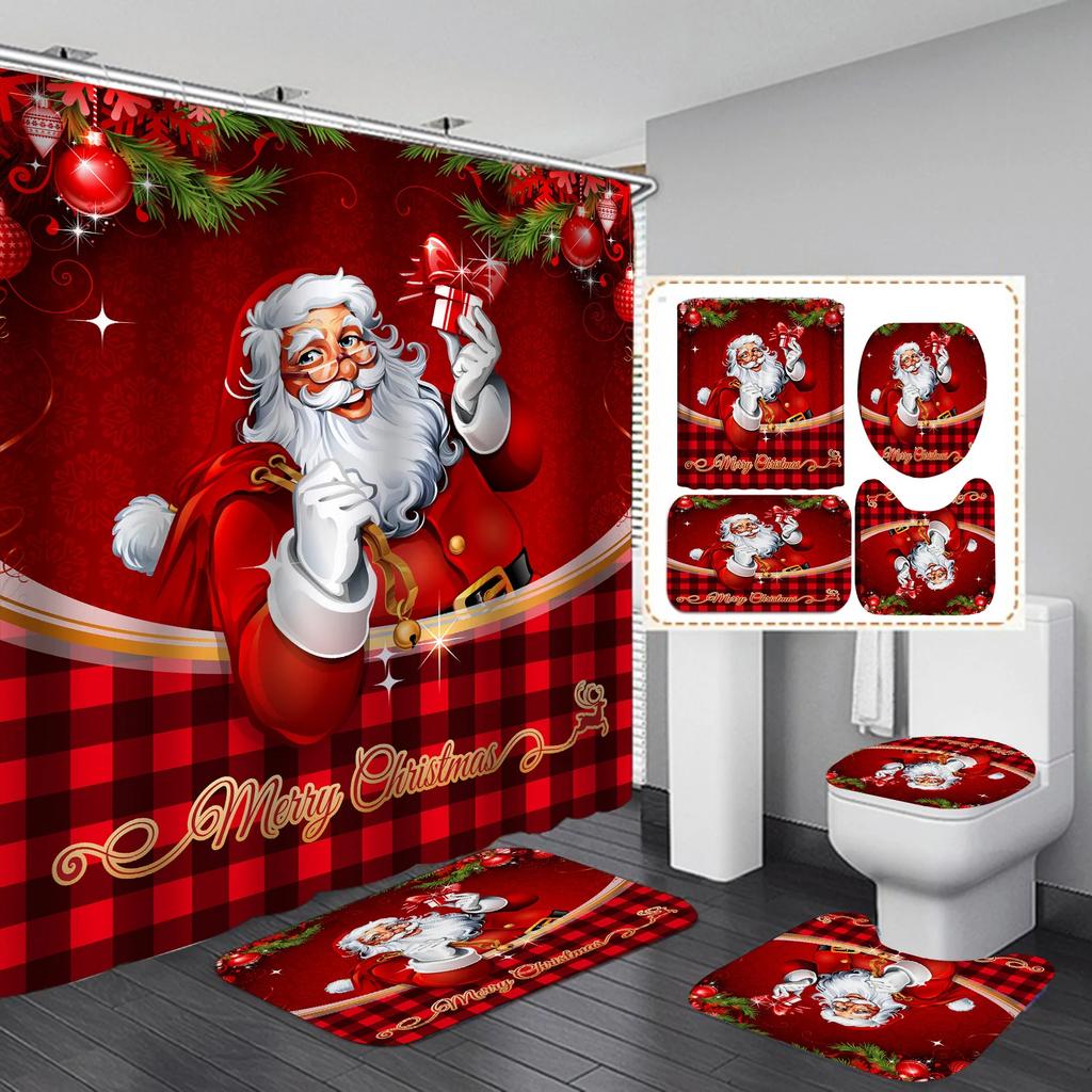Marry Christmas Shower Curtain Red Santa Claus Printed Waterproof Polyester Bath Curtain For New Year Christmas Bathroom Decor