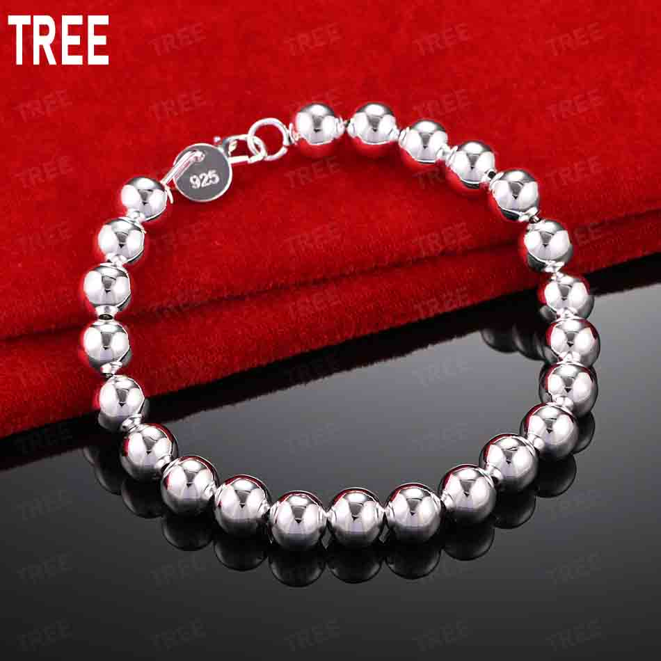 925 Sterling Silver 8mm Side Chain Simple Beaded Bracelet Gift Jewelry 20CM