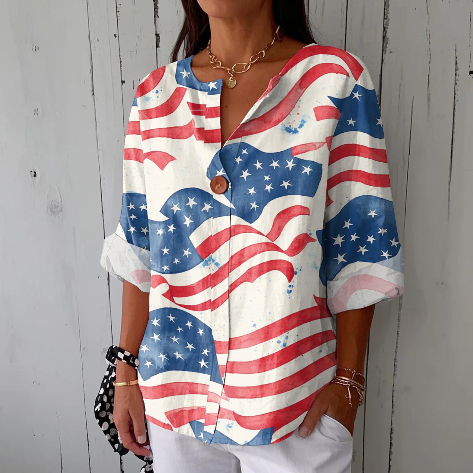 

Women s Fashionable V Neck Button Seven Quarter Sleeve Printed Casual Top S красный