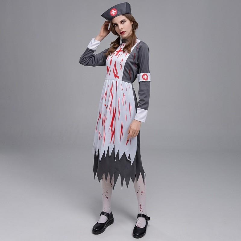 Spooky Adult Zombie Nurse Outfit With Gorgeous Dress And Hat For Halloween Parties