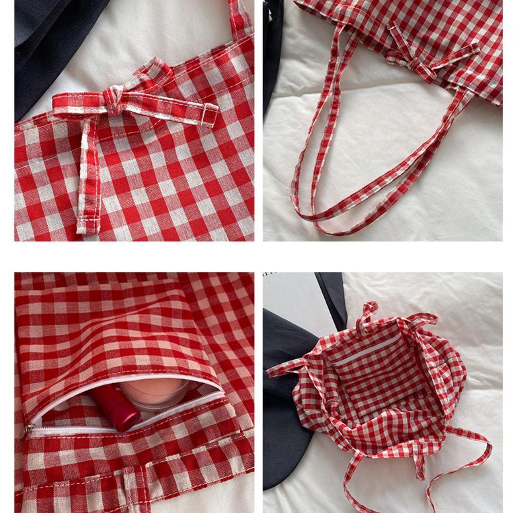 Check Lattice Tote Bag Grid Canvas Bag Portable Red Plaid Shoulder Bag  Streetwear