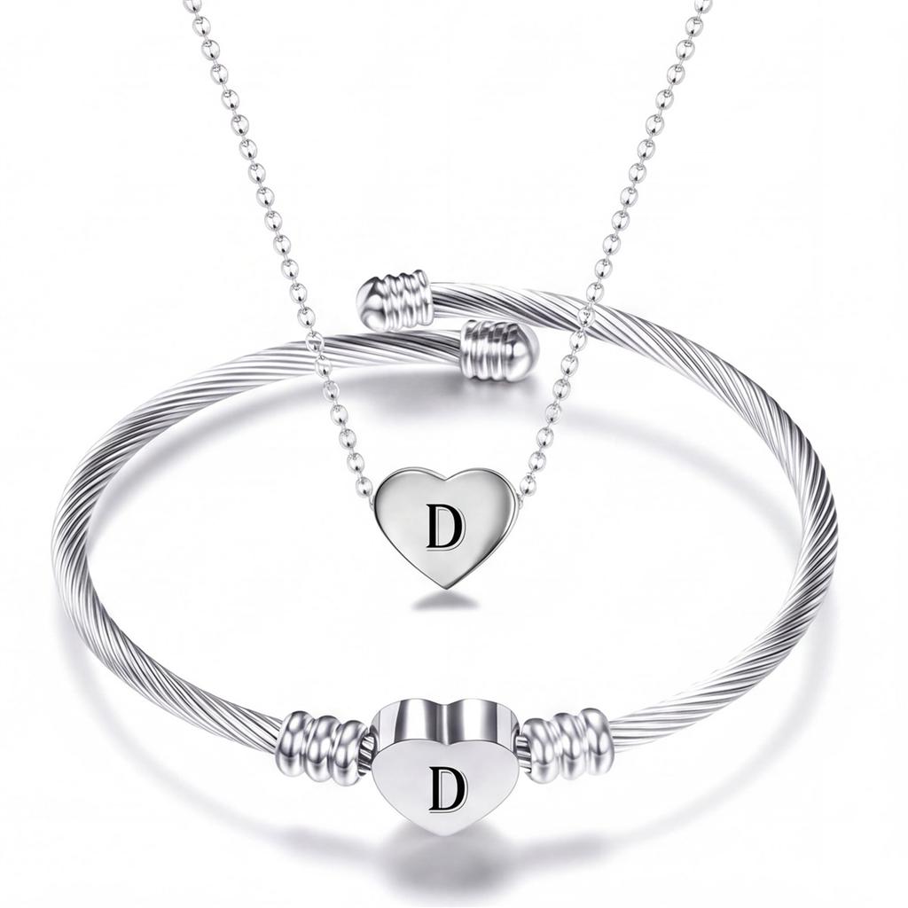 Diy 26 Letters Fadeless Stainless Steel Heart Pendant Necklace Bracelet Set For Women