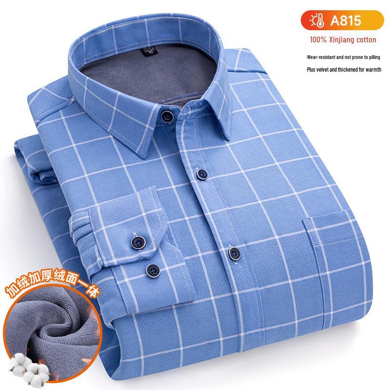 New Plus Size Velvet-Lined Men's Pure Cotton Plaid Shirt - Warm, Thickened for Autumn/Winter Cold Protection