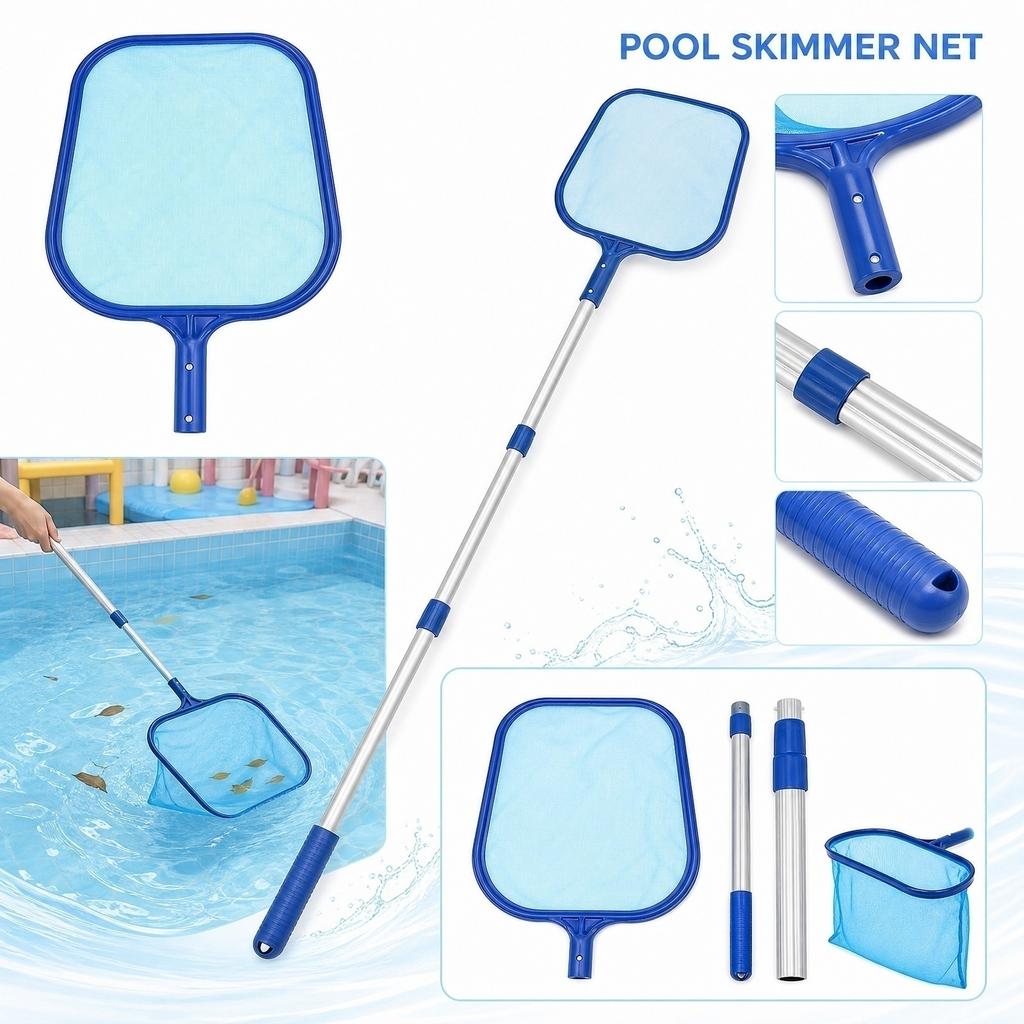 Adjustable Aluminum Pole Pool Skimmer Net Set with Fine Mesh Leaf Net and Brush for Shallow Water Pools and Baby Swimming Pools