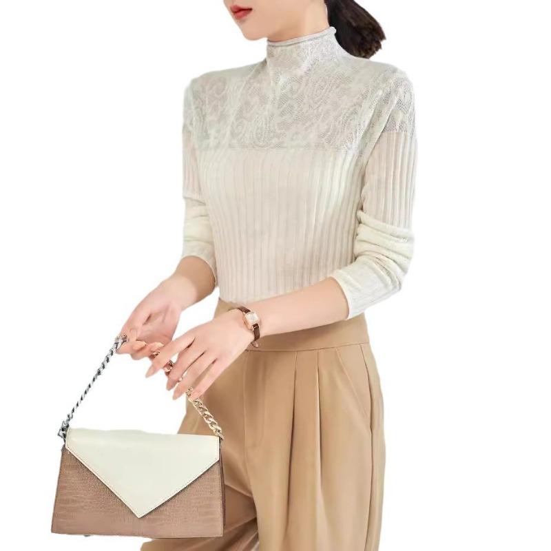 Design Sense Lace Splicing Bottom Knitted Sweater Women's Autumn New Curled Semi-turtleneck Silk Sweater Women's