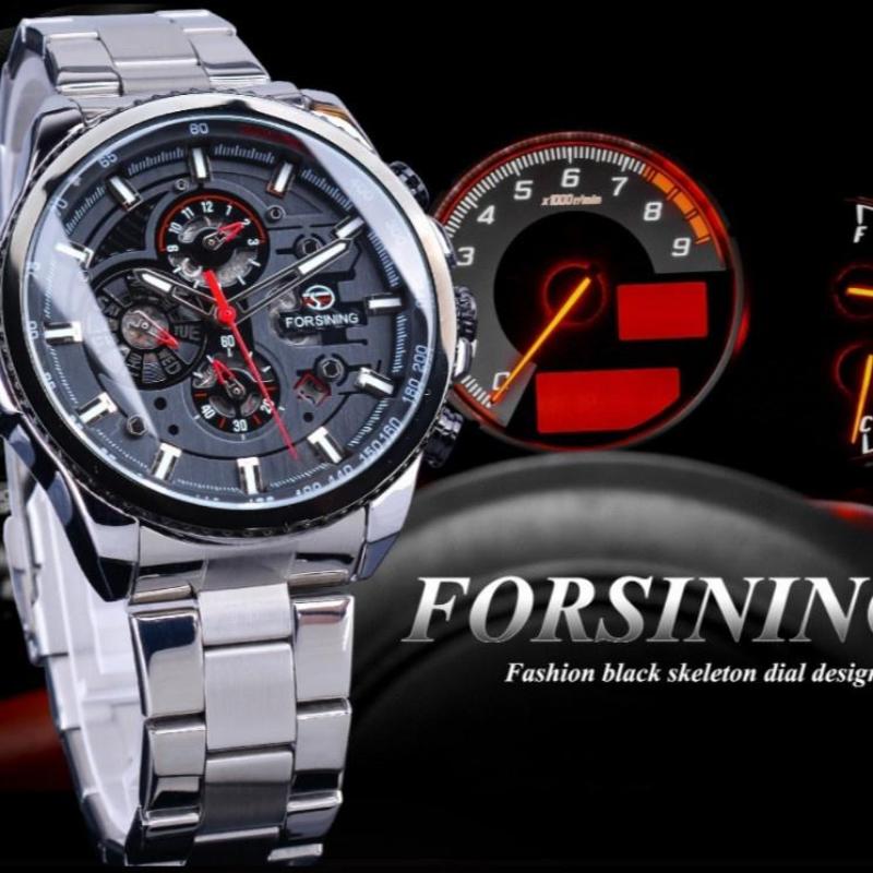 Forsining Drei Zifferblatt Kalender Edelstahl Männer Mechanische Automatische Armbanduhren Top Luxus Military Sport Männliche Uhr