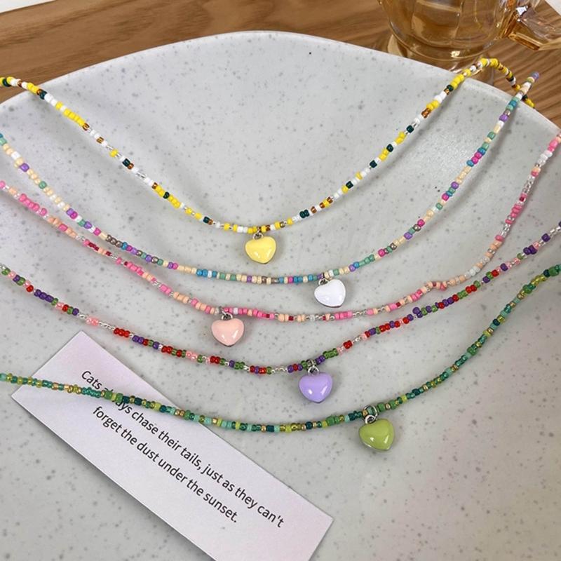 Bohemian Beaded Necklace Summer Rice Bead Love- Necklace Hawaii Beach Necklace Jewelry Suitable for Ladies and Girls