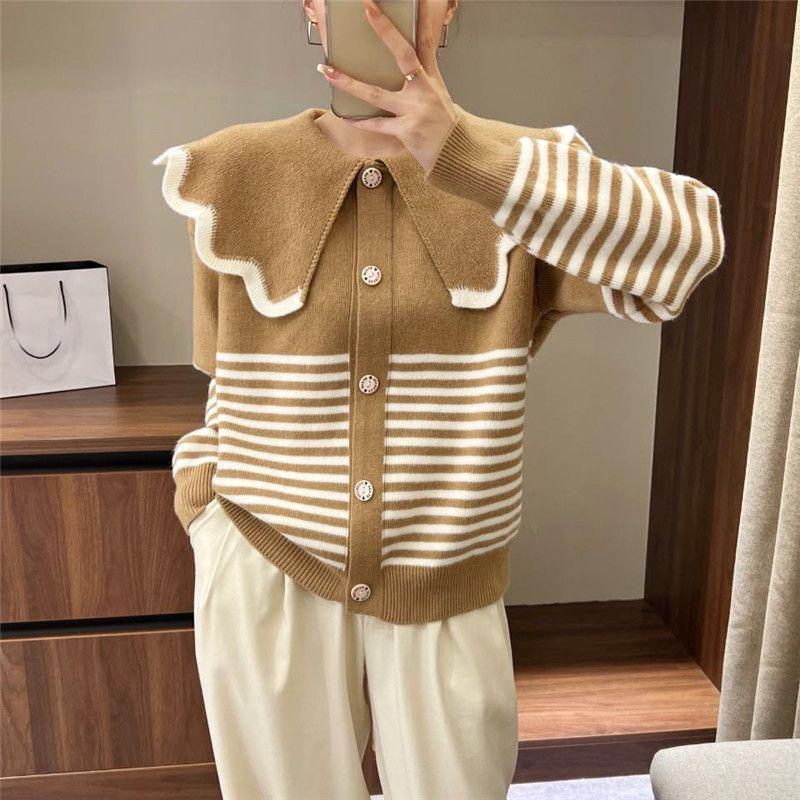 Sweet Doll Neck Striped Knitted Cardigan Five Colors for Warm and Fresh External Cute and Trendy Sweater Cardigan Female Tops
