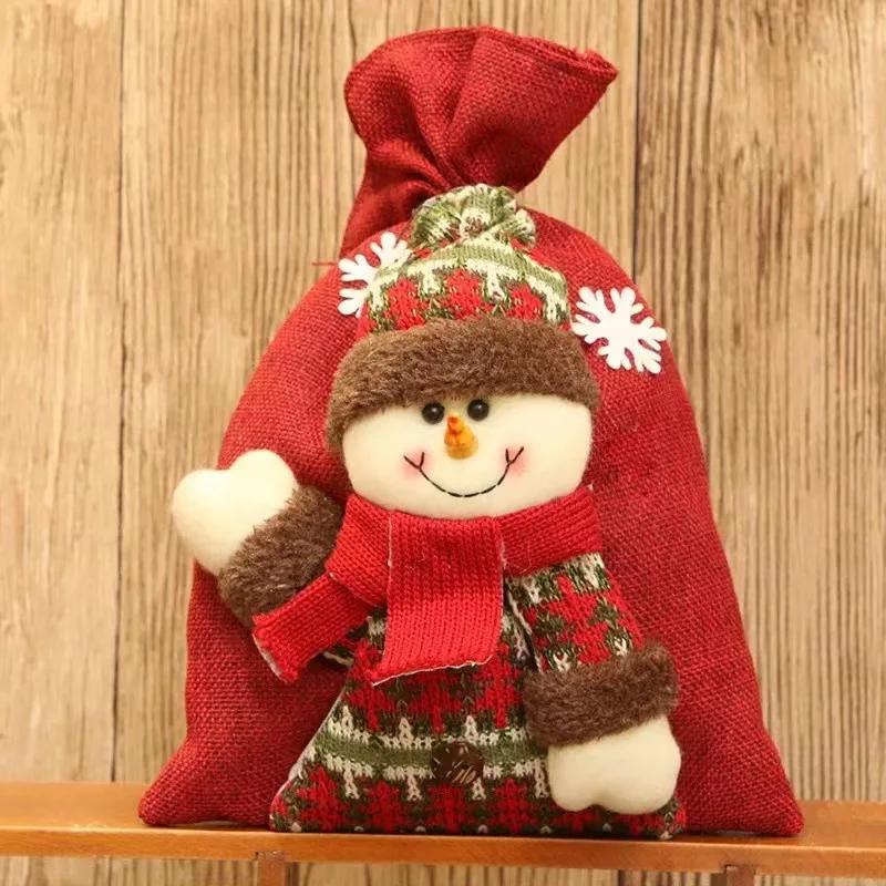 Large Christmas Linen Drawstring Gift Bag Candy Snack Packaging Bag New Year Holiday Cartoon Apple Stocking Christmas Decoration
