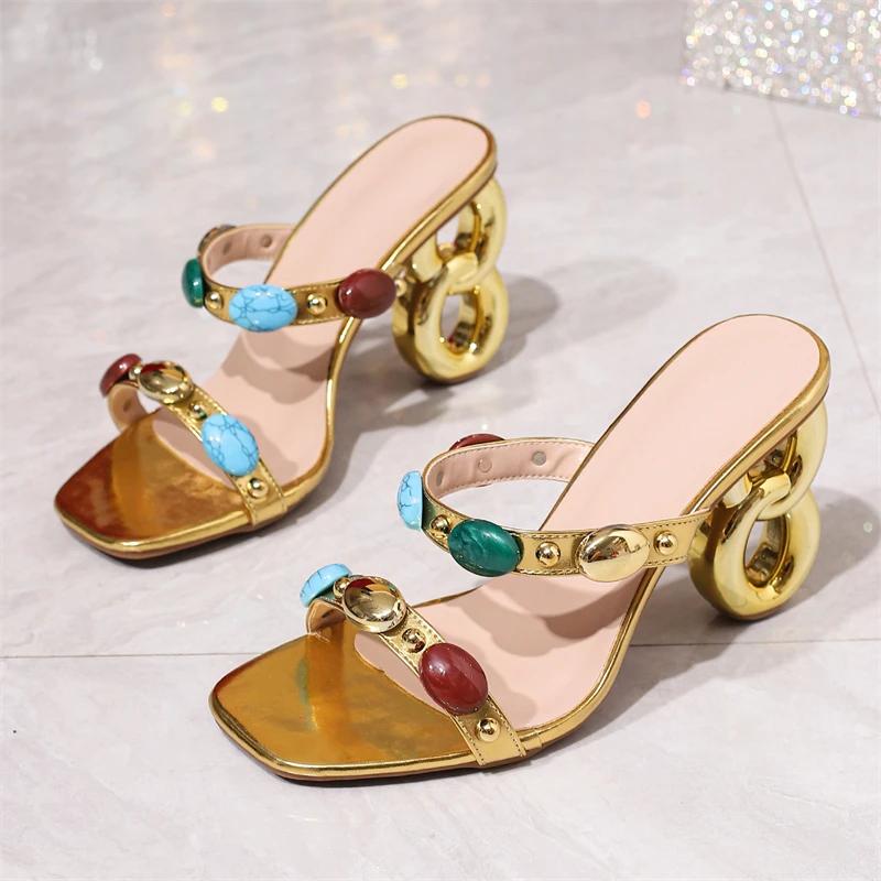 

Eilyken Summer Narrow Band Square Toe Women Slippers Design Style Fretwork High Heels Golden Slide Shoes 36