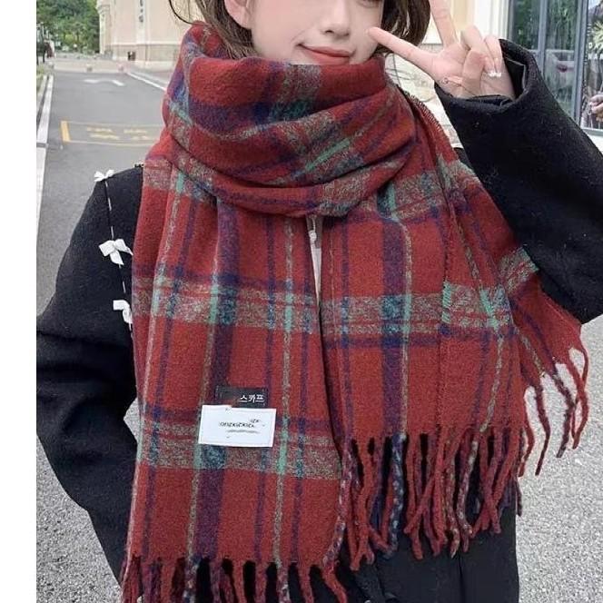 Classic Christmas Red Plaid Scarf for Women Winter Korean Style British Shawl Thickened Dual Purpose Warm Student Scarf for Men