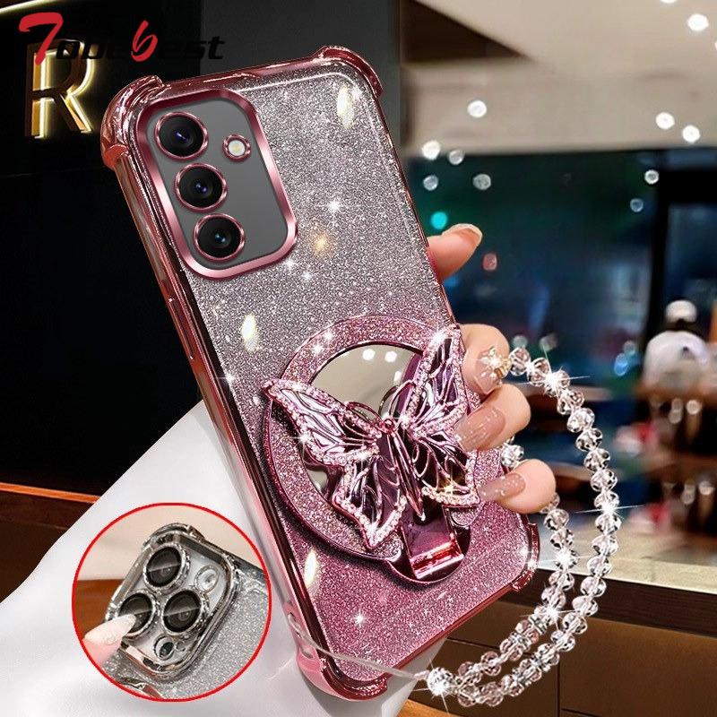 Butterfly Mirror Crystal Bracelet Case for Samsung Galaxy A13 A23 A33 A53 A73 A12 A22 A32 A52 A52S 4G 5G Cover