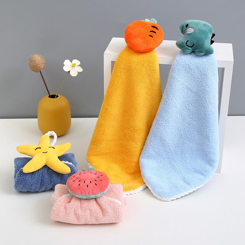 Cute and Fun Hanging Coral Fleece Baby Hand Towel Children's Water-absorbing and Quick-drying Cartoon Square Towel