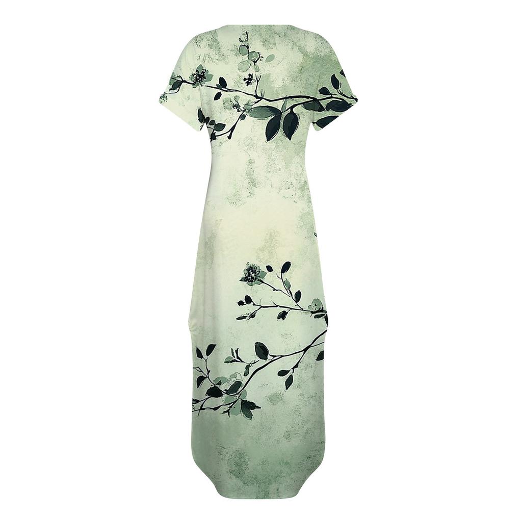 Damen Sommerkleid mit Blumendruck, lässig, locker, kurzärmelig, Strand, Maxikleid mit Schlitz