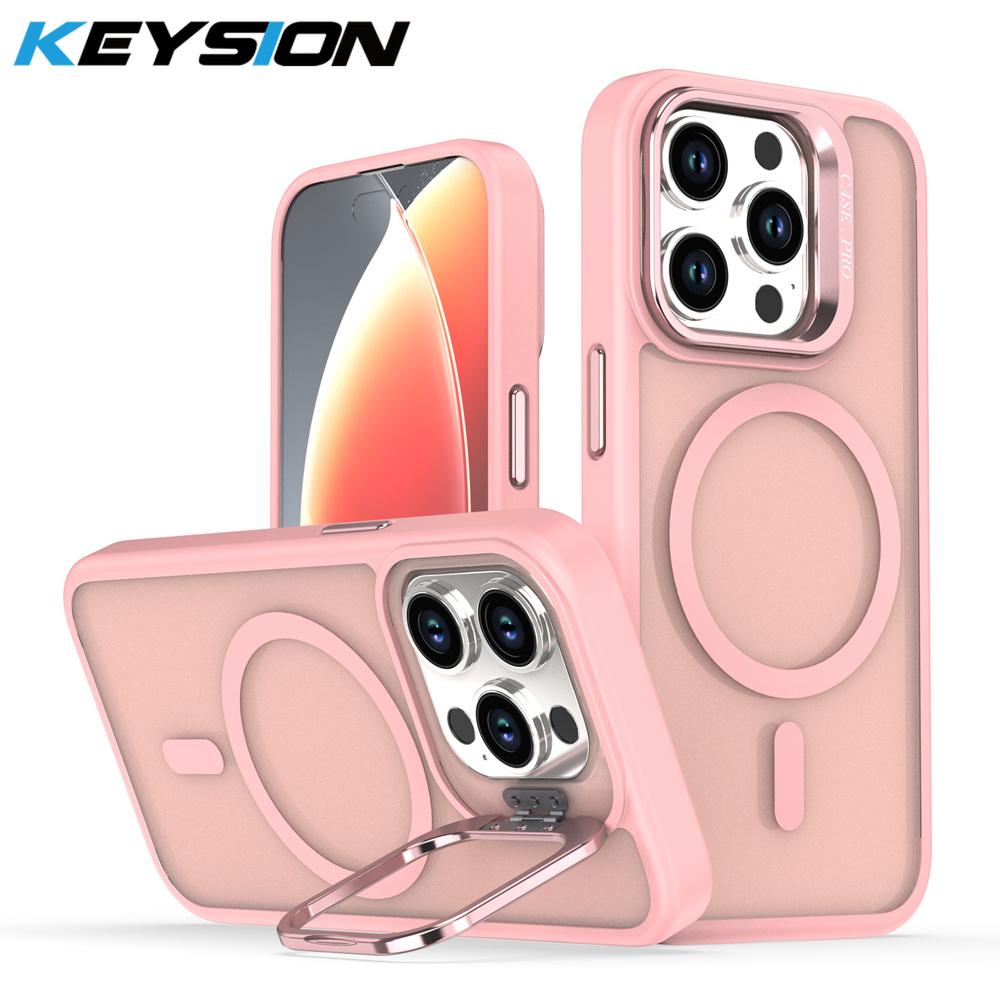 KEYSION Lens Stand Magnetic Phone Case for MagSafe for iPhone 13 14 15 Pro Max 15 Plus Matte Translucent Shockproof Back Cover