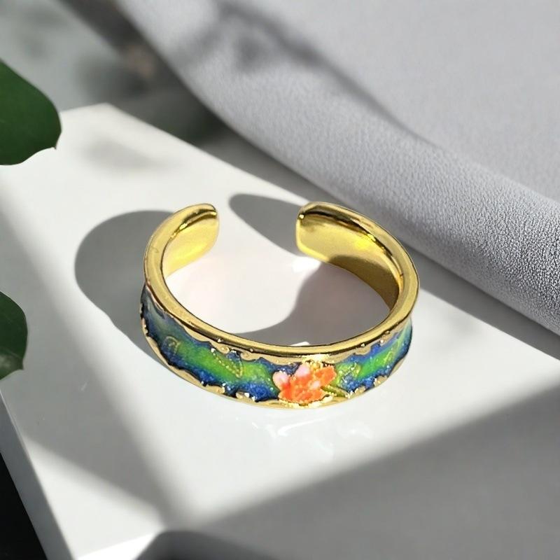 New French Retro Flower Enamel Dripping Open Ring Temperament Light Luxury High Sense Niche Ring