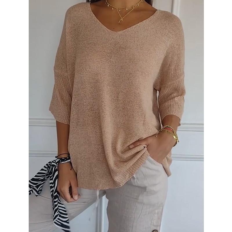 Women's V Neck Half Sleeve Knit Sweater Loose Fit Casual Solid Color Pullover Top