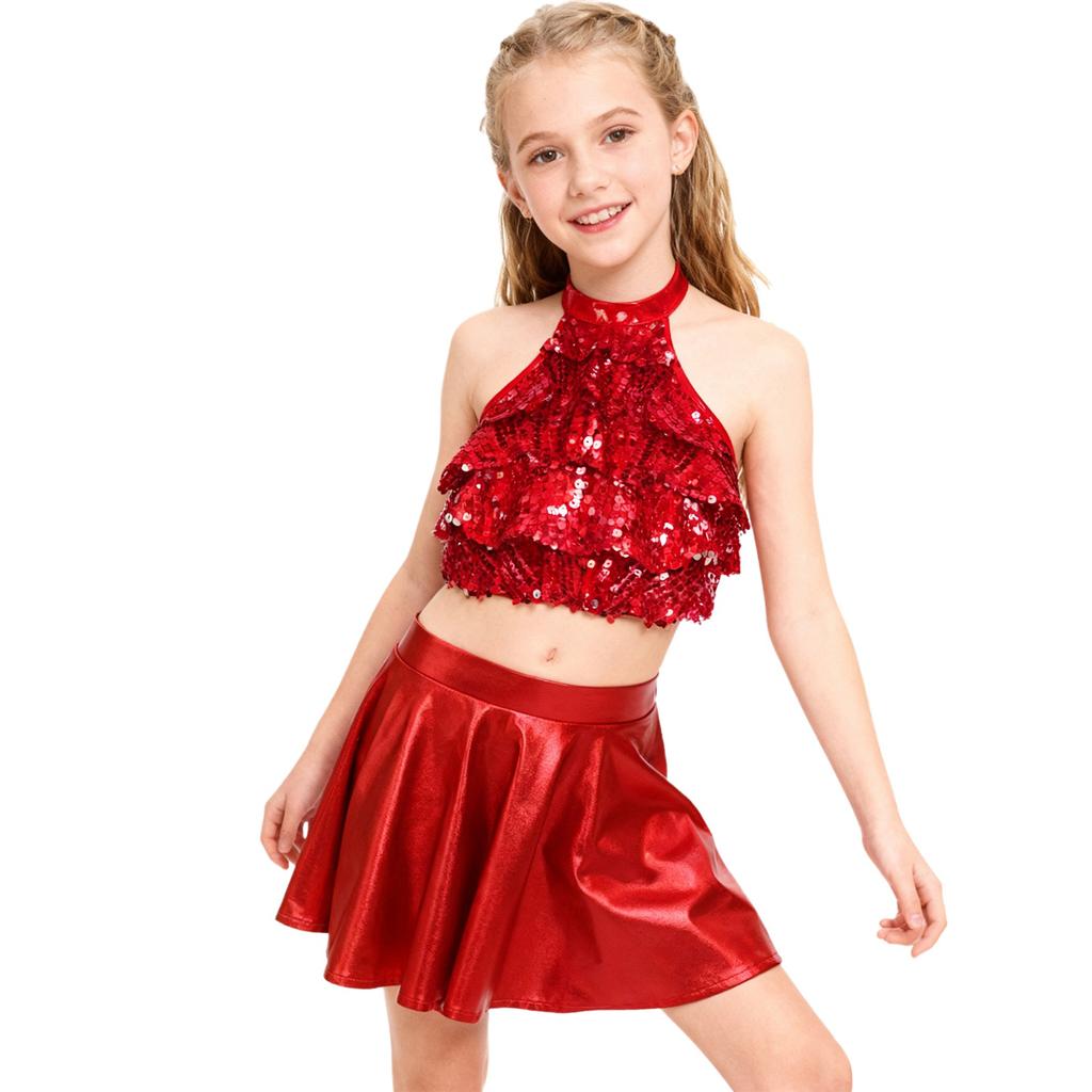 Kids Girls Stage Performance Set: Shiny Sequin Tiered Backless Crop Top & Metallic Ruffled Skirt for Dance Shows