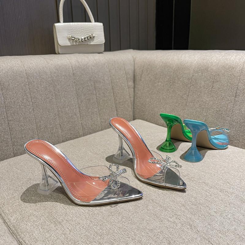 Fashion Big Size 35-45 Transparent PVC Women Slippers Fashion Crystal Bowknot High Heels Jelly Shoes Summer Female Green Mules Slides