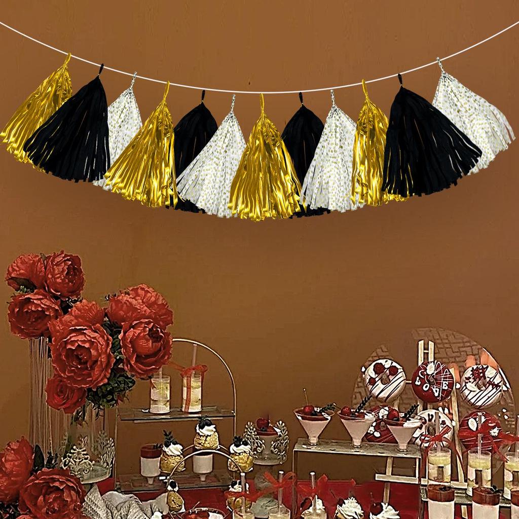 Black, Gold & White Three-Color Tassel Strands - 12 Pcs Aluminum Foil Streamers for DIY Decoration