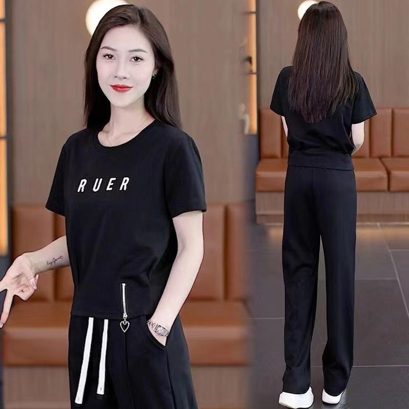 Summer Casual Sports Set Women's Short Sleeve Waist-Cinching Slimming Top Wide Leg Pants Two-Piece Trendy Outfit