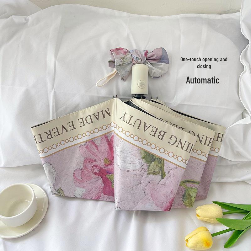 Automatic Digital Print Umbrella with UV Protection - Japanese and Korean Style Women's Sunshade, Three To Five-Fold.