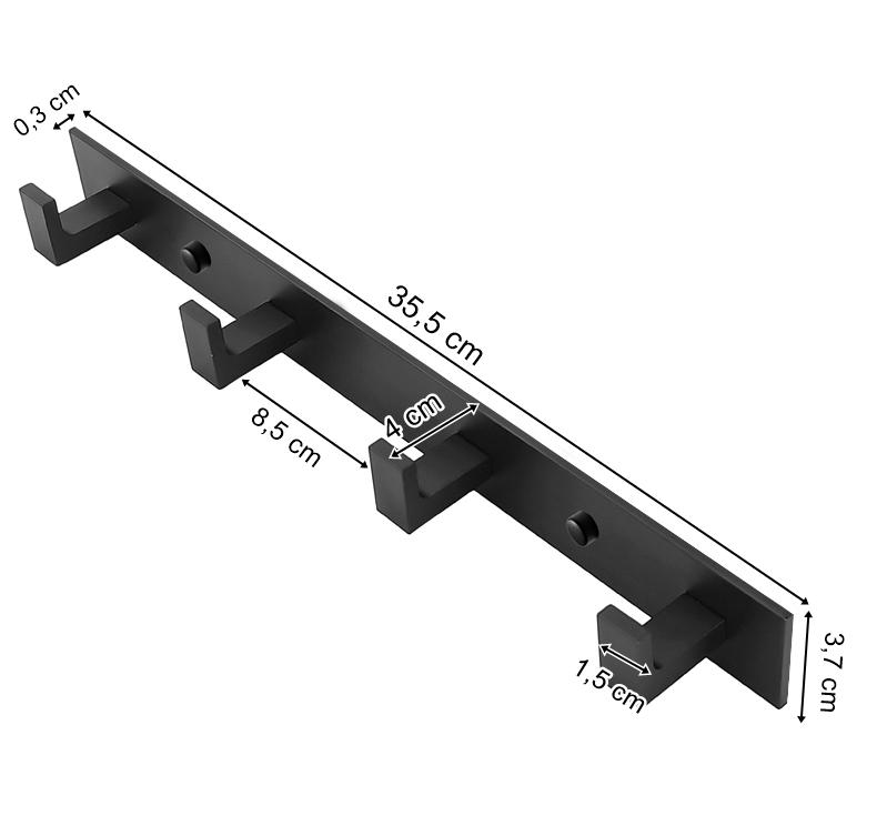 Wall Towel Rack With 4 Hooks - Black