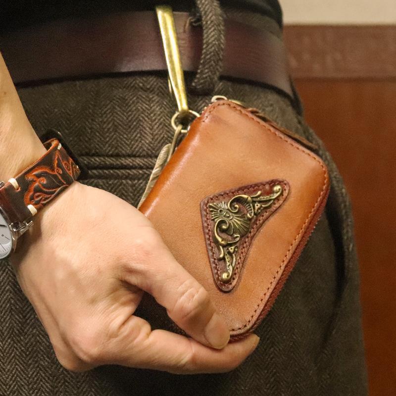 New Top Layer Cowhide Waist Hanging Key Bag for Men, Vintage Vegetable Tanned Leather, Hand Polished and Used Zipper, Home Key Bag