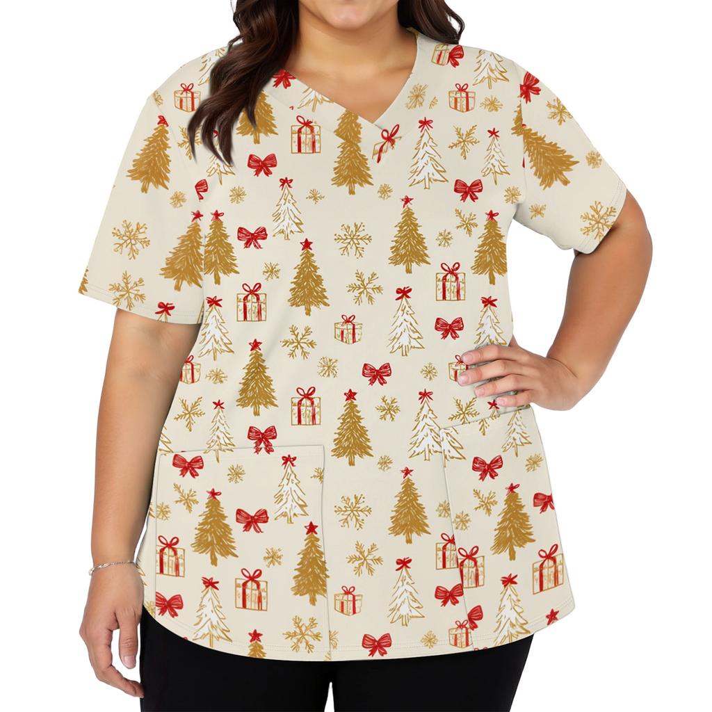 Women's Fashion Christmas Print V-Neck Short Sleeve Caregiver Work Top with Pockets