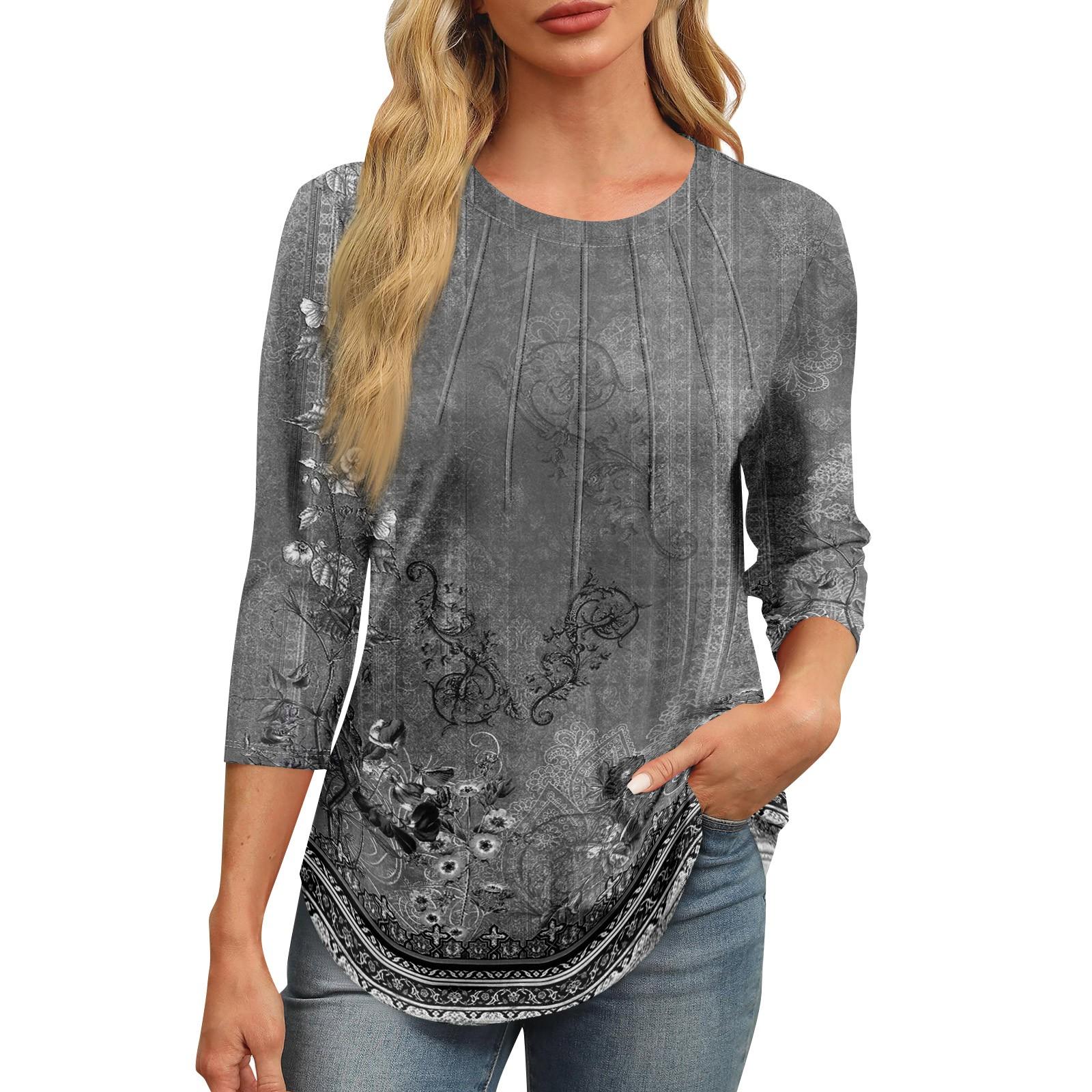 

Жіноча модна повсякденна повсякденна плісирована футболка з круглим вирізом і рукавом 3/4 з принтом L