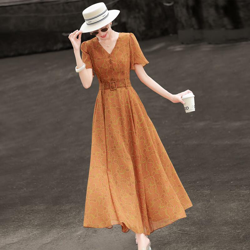 Elegant Printed V-Neck Short Sleeve A-Line Midi Dress L