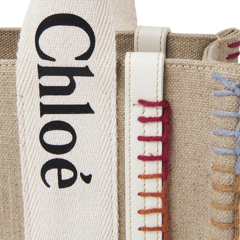 Chloe Woody Signature Logo Print Satin Ribbon Linen Canvas And Calfskin Tote Bag Women Tote Bags White CHC22-AS397H74-101